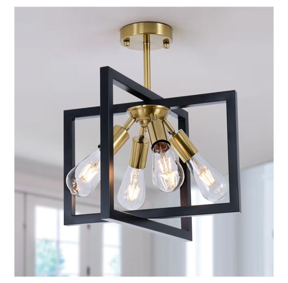 Zhkung 4-Light Ceiling Light Black Gold Industrial Flush Mount Fixture